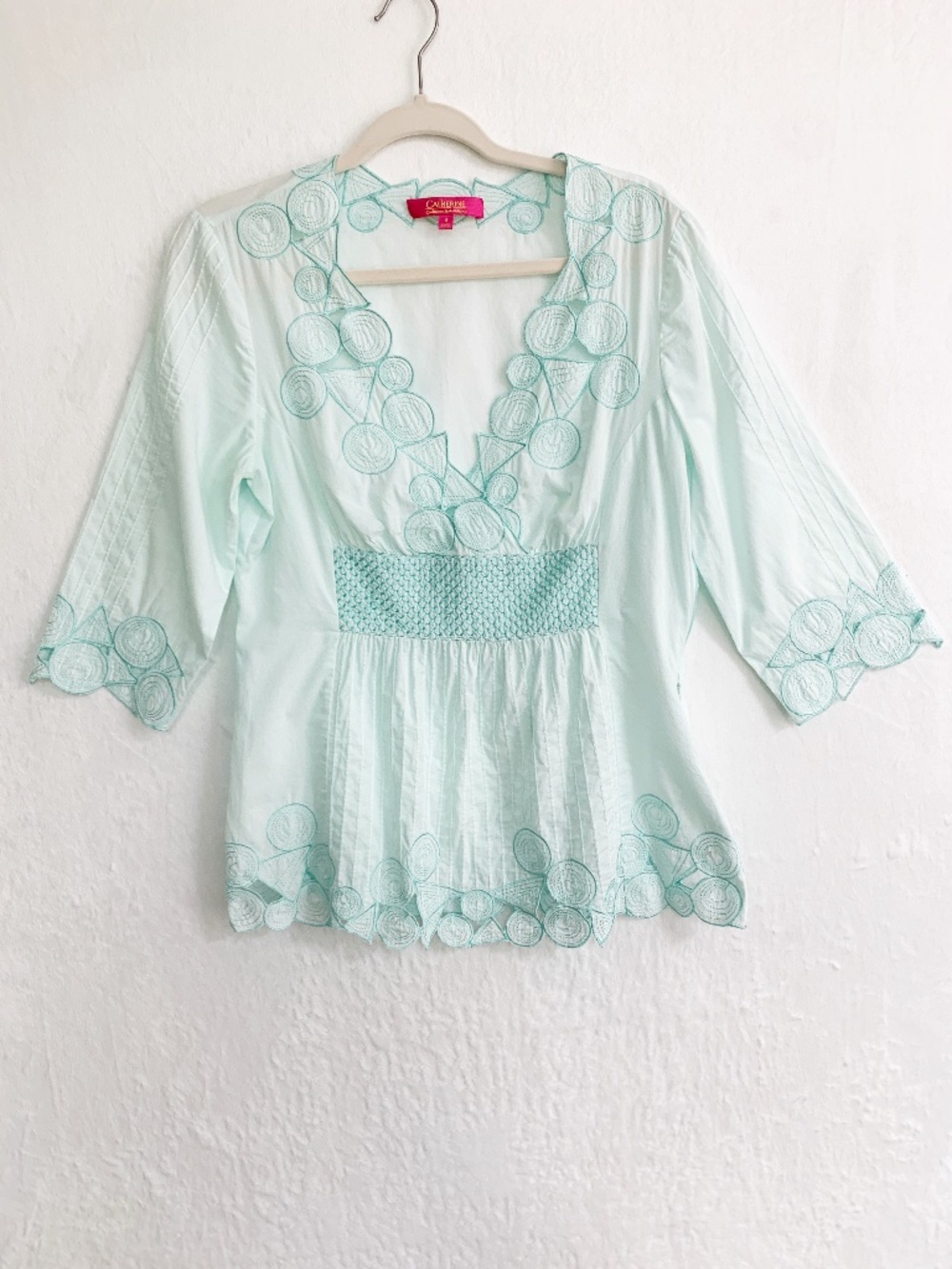 Catherine Malandrino Embroidered Mint Green 100% Cotton Blouse Sz 8